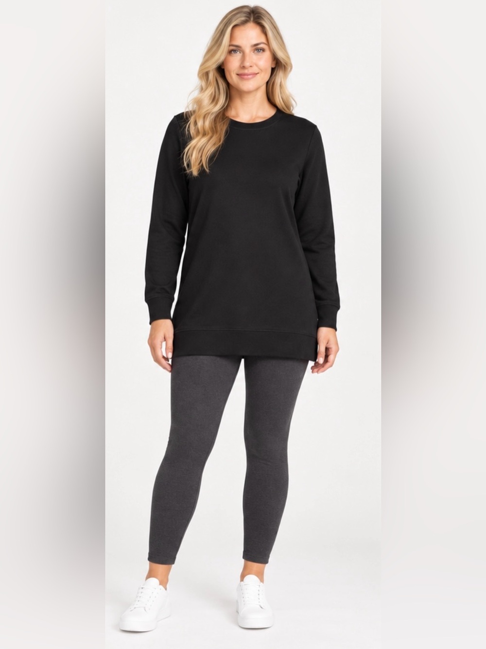 LANDSEND Wm Plus Size Serious Sweats French Terry SWEATSHIRT TUNIC Black